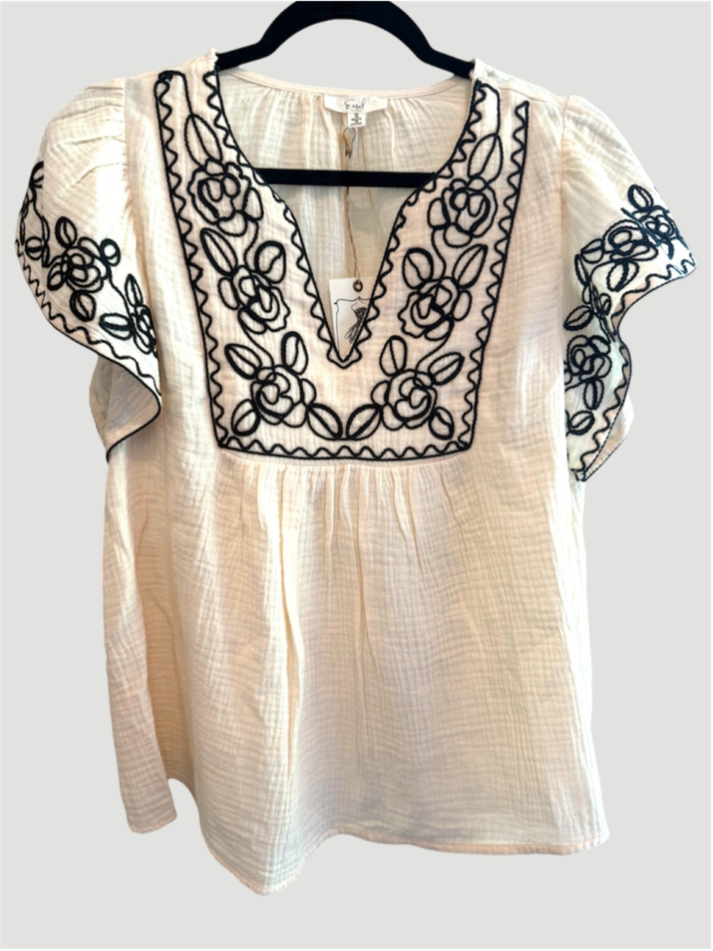 Easel Embroidered Cotton Gauze Top in Cream Size S
